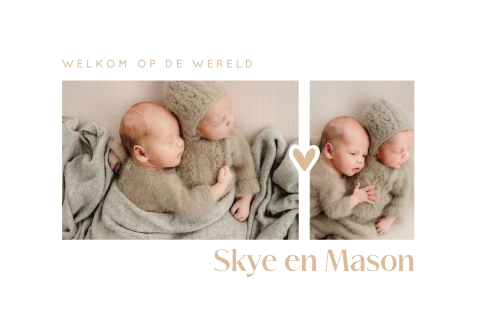 Lief geboortekaartje tweeling met foto en hoogglans tekst