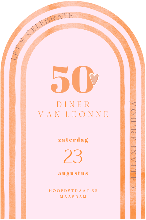 Stijlvolle uitnodiging 50 in oranje tinten in boogvorm