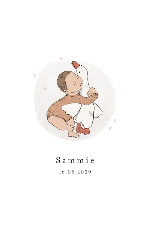 Lief geboortekaartje met illustratie van baby met gans