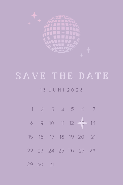Save the Date kaart voor bruiloft met discobal van holografische folie