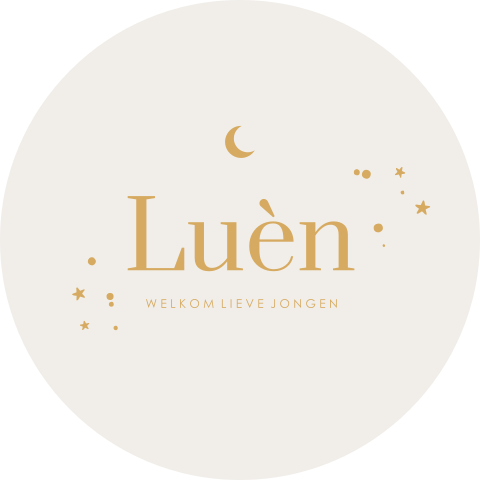 Raamsticker beige met goudkleurige naam en sterretjes