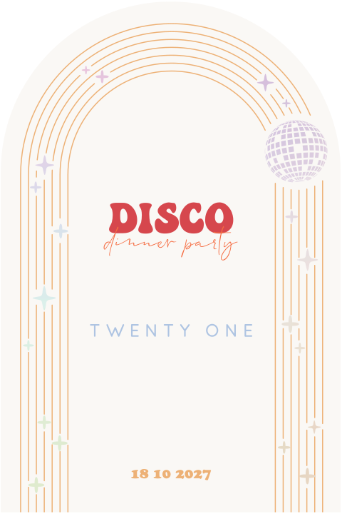 Uitnodiging 21 diner in disco stijl en boogvorm