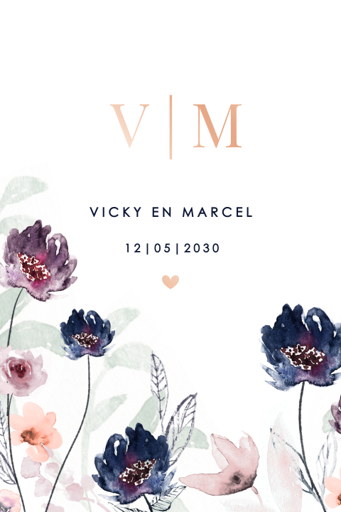 Trouwkaart met watercolour bloemen, roséfolie en ronde hoeken