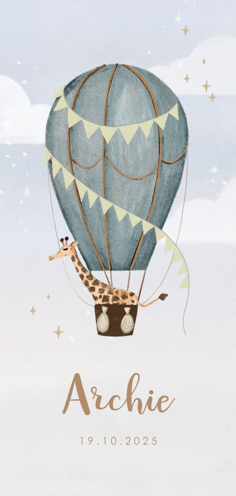 Uniek geboortekaartje voor jongen met luchtballon en girafje