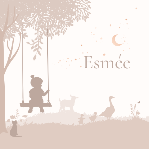 Lief geboortekaartje met meisje op schommel met silhouet en roséfolie