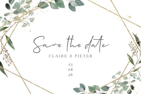 Stijlvolle save the date met eucalyptus takjes en geometrisch element