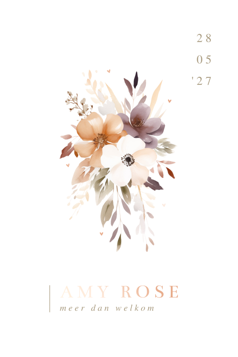 Klassiek geboortekaartje met bloem illustratie en rosegoud folie