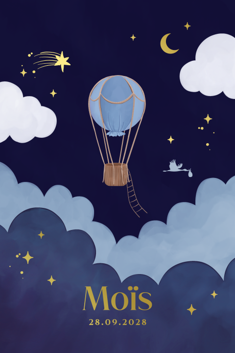 Hip geboortekaartje met luchtballon en sterrenhemel