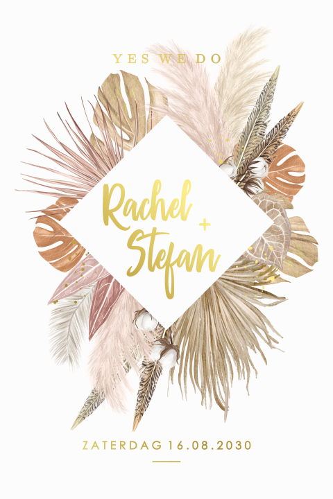 Bohemian trouwkaart met botanische elementen en goudfolie