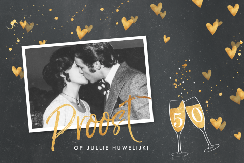 Felicitatiekaartje huwelijksjubileum foto met hartjes en champagne