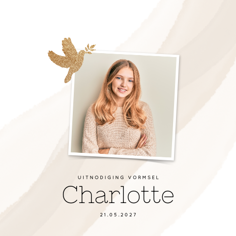 Uitnodiging Vormsel met water color in beige en gouden duif