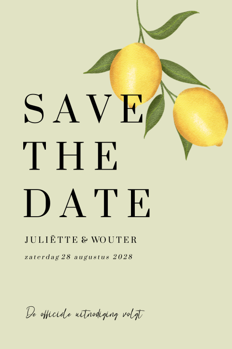 Trendy save the date bruiloft met citroen