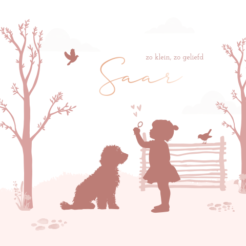 Geboortekaartje silhouet meisje en hond met roséfolie