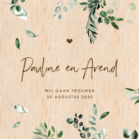Botanische trouwkaart op berkenhout