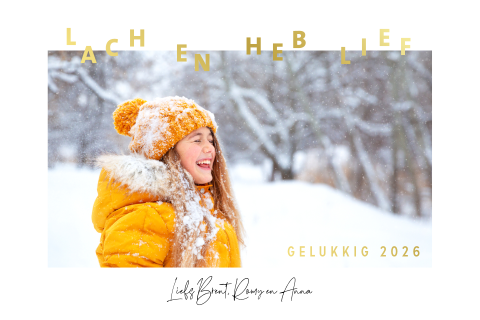 Vrolijke kerstkaart met foto en goudfolie tekst
