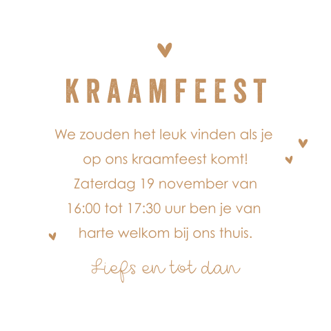 Uitnodiging kraamborrel in neutrale kleuren met hartjes