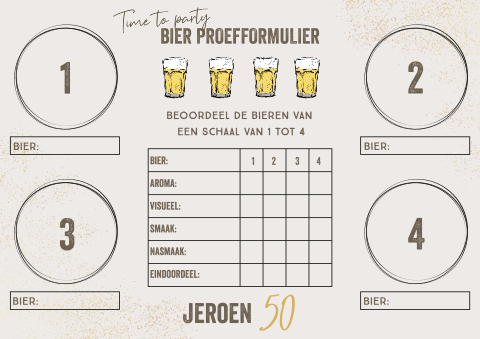 Placemat verjaardag 50 jaar bier proefformulier