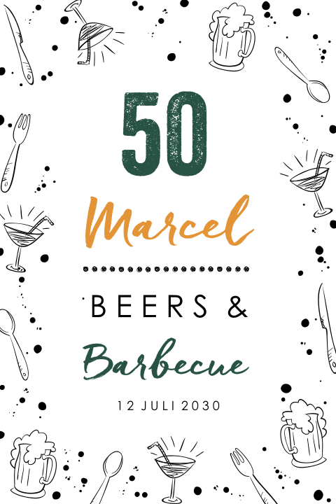 Uitnodiging tuinfeest voor een 50e verjaardag met bbq en vrolijke illustraties