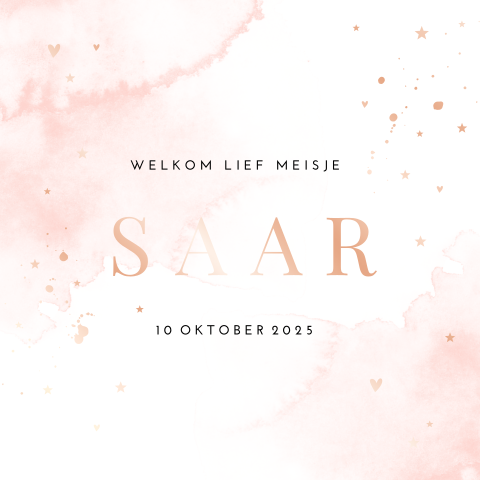 Geboortekaartje meisje roségoudfolie met watercolour en verfspetters