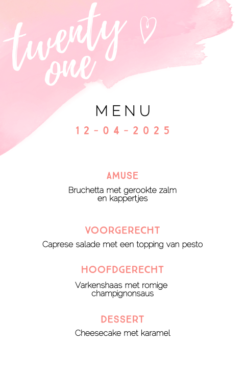Menukaart 21 diner met watercolour
