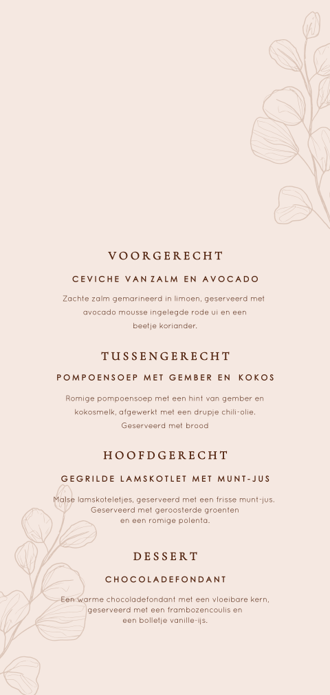 Menukaart stijlvol neutrale kleuren met optioneel naamkaartje
