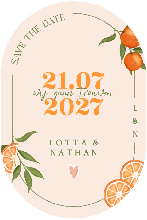 Save the date kaart bruiloft ovaal met sinaasappels