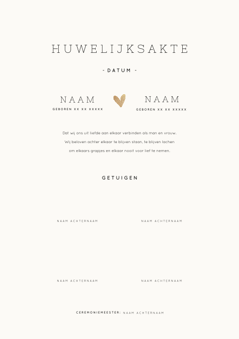 Trouwakte huwelijk typografisch met hartje