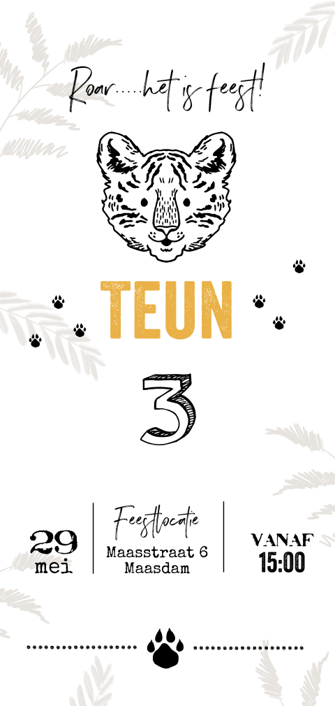 Stoere uitnodiging verjaardag 3 jaar met tijger