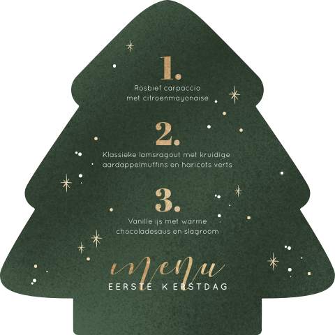 Menukaart kerst in kerstboom vorm met gouden details