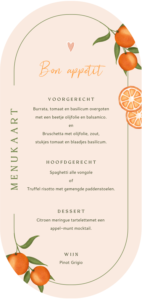 Menukaart 21 diner ovaal met sinaasappels