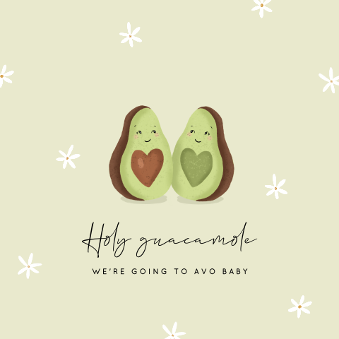 Zwangerschapsaankondiging kaart met grappige avocado