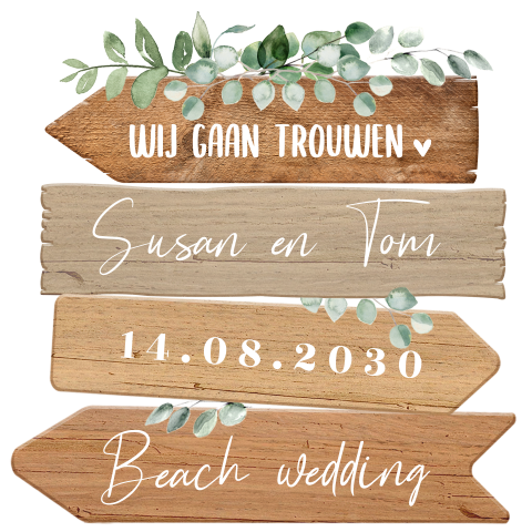 Originele trouwkaart strand in wegwijzer vorm met eucalyptus takjes