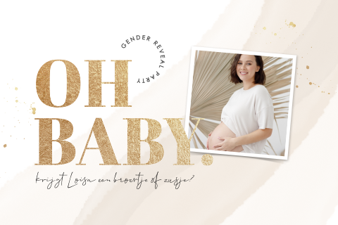 Uitnodiging gender reveal met gouden glitters en foto