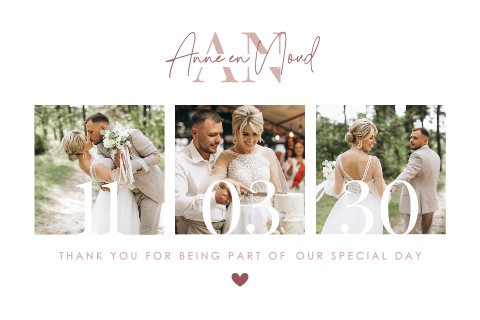 Romantische bedankkaart bruiloft met foto's en hartje