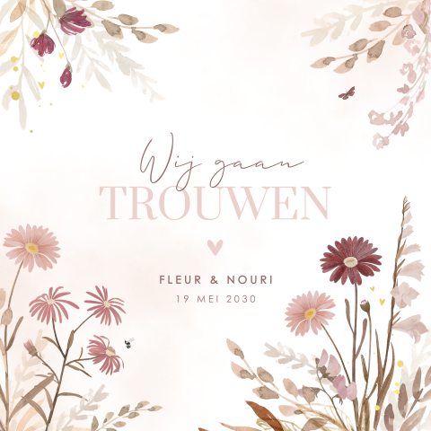 Stijlvolle trouwkaart met bloemen en goudfolie details