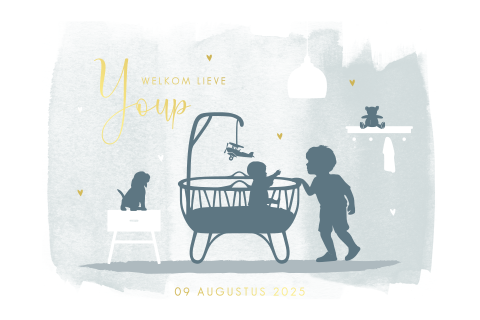 Lief geboortekaartje broertje silhouetjes babykamer goudfolie