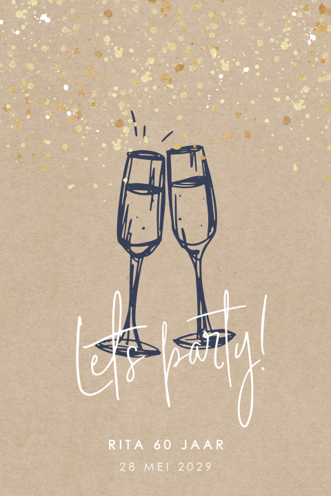 Verjaardag uitnodiging 60 met champagneglazen en confetti