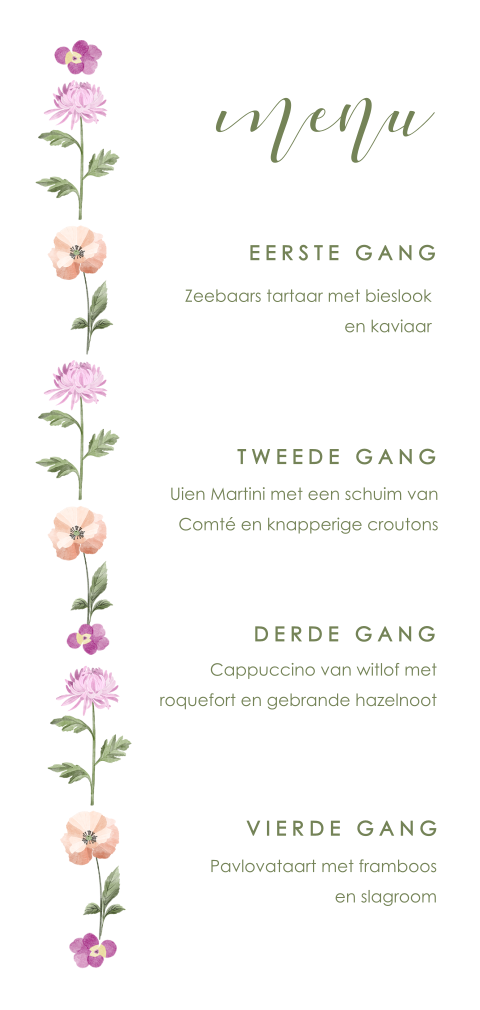 Menukaart twenty one dinner met bloemen