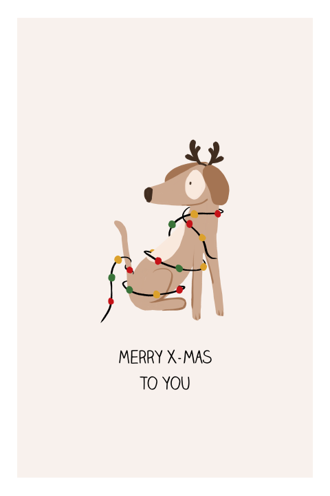 Grappige kerstkaart met hond en lichtslinger