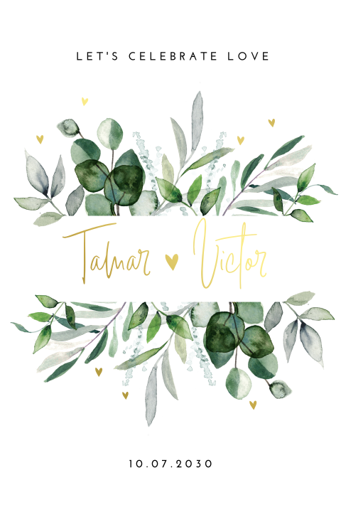 Trouwkaart met goudfolie letters en eucalyptus takjes