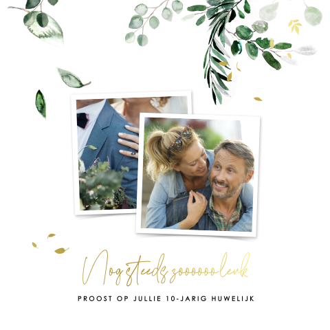 Botanische wenskaart huwelijksjubileum met twee foto's en goudfolie