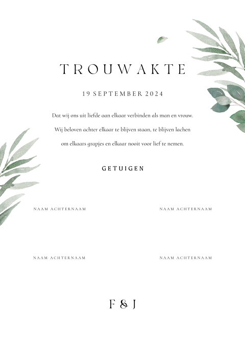 Trouwakte in botanische stijl met eucalyptus
