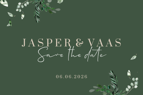 Klassieke save the date uitnodiging met eucalyptus takjes