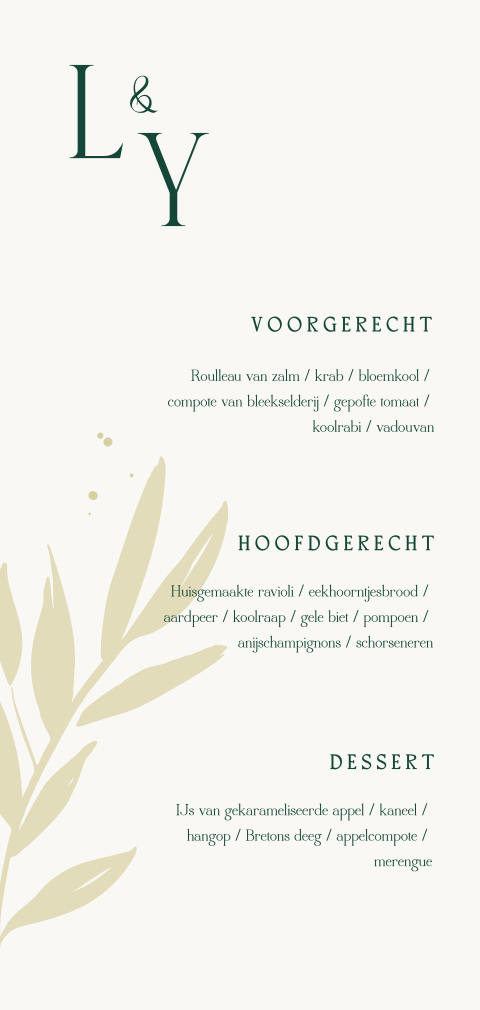 Menukaart bruiloft met initialen en olijftakje
