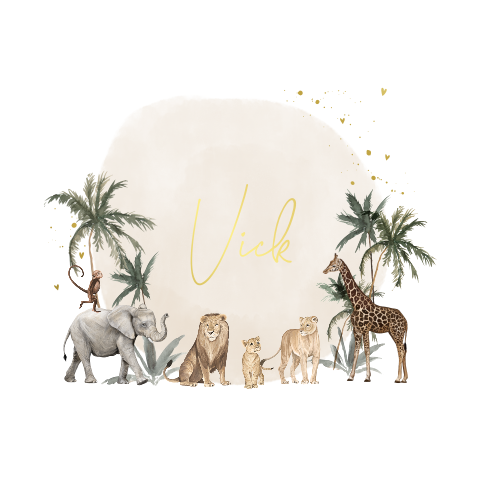 Goudfolie geboortekaartje met jungledieren en watercolour