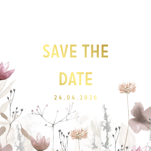 Save the date kaart bruiloft met veldbloemen en goudfolie