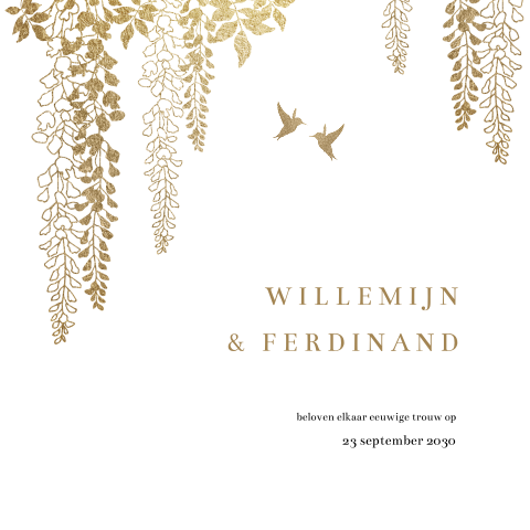 Trouwkaart wit goud met lovebirds