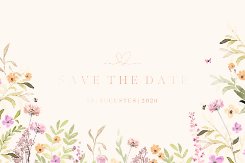 Kleurrijke save the date met handgeschilderde veldbloemen