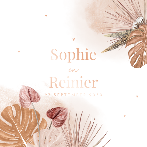 Boho trouwkaart met roségoudfolie en botanische elementen