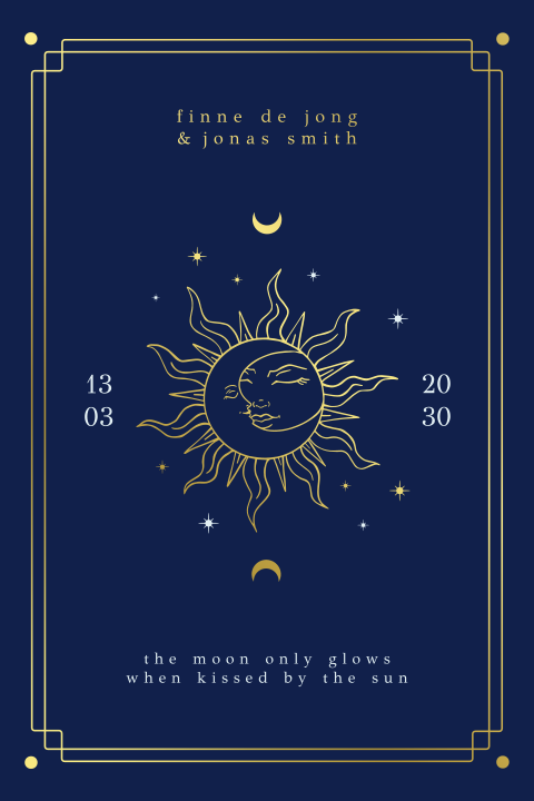 Trouwkaart celestial zon/maan in donkerblauw met goudfolie